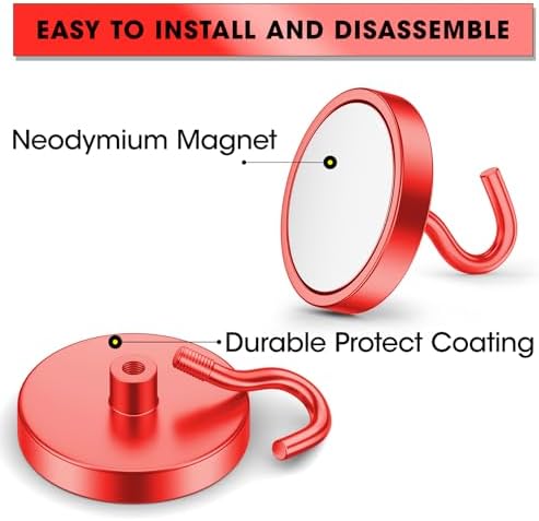 VNDUEEY Magnetic Hooks Heavy Duty, 110 Lbs Strong Magnets with Hook for Fridge, Super Neodymium Metal Hooks for Hanging, Magnet Hooks for Cruise, Grill, Toolbox, Coat and Storage (Red, Pack of 10) - Image 4