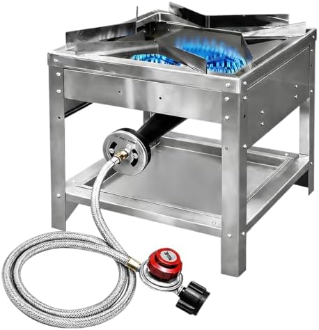 Stainless Steel Single Propane Burner – Outdoor Gas Cooker with 20 PSI Regulator, 200,000 BTU High-Power Portable Propane Stove for Outdoor Cooking, Turkey Frying, Seafood Boiling & More by HUOYANSHE
