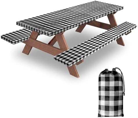 8ft 96" Picnic Table and Bench Cover, 3 Pack, Black-White Checkered by KENOBEE