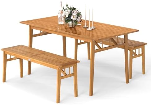 Tangkula 3 Pieces Patio Dining Set, Acacia Wood Space Saving Outdoor Rectangular Picnic Table with 1.97” Umbrella Hole and 2 Benches, for Yard, Garden and Poolside by TANGKULA