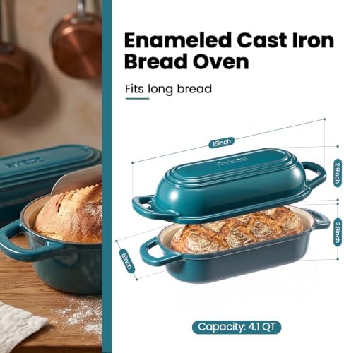 Oval Dutch Oven for Bread Baking,11.3x5.3 Enameled Cast Iron Bread Pan,Teal - Image 2