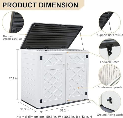 KINYING Larger Outdoor Storage Shed Weather Resistance, Horizontal Outdoor Storage Box Waterproof for Garden, Patios, Backyards, 48 Cu.ft Capacity for Garbage Cans, Lawn Mower, Garden Tools - Image 3