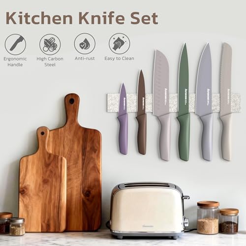 Astercook Knife Set, 13 Pieces Kitchen Knives Set with Healthy Anti-Rust Coating, Dishwasher Safe, Stainless Steel Chef Knife Sets with 6 Blade Guards, Perfect Holiday Gifts for Kitchen Morandi - Image 4