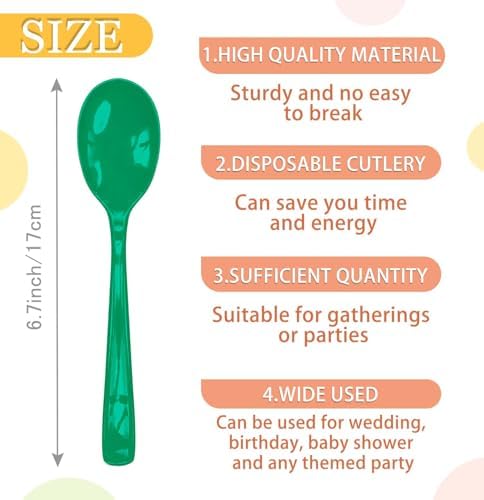 SietDESEO 25 PCS Green Plastic Spoons Disposable Utensils Heavy Duty Green Spoons Disposable Cutlery for Birthday Wedding Baby Shower Bridal Shower Plastic Silverware - Image 3