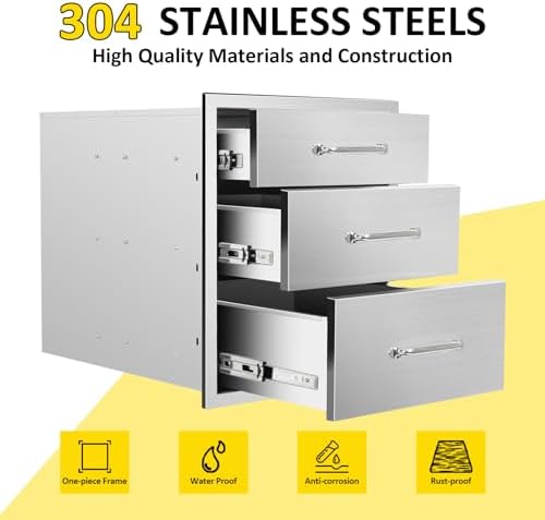 Outdoor Kitchen Drawers 18" W x 21" H x 23" D Flush Mount Triple BBQ Drawers with Chrome Handle Stainless Steel Drawer for Outdoor Kitchen Island, Patio Grill Station - Image 3