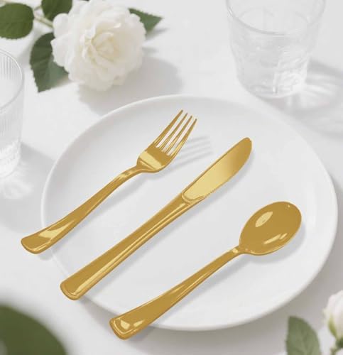 HEIPINIUYE 75 Pack Gold Plastic Cutlery Heavy Duty Gold Plastic Knives Forks and Spoons Disposable Silverware Set for 25 Guest Camping Birthday Baby Shower Party Cutlery Set - Image 7
