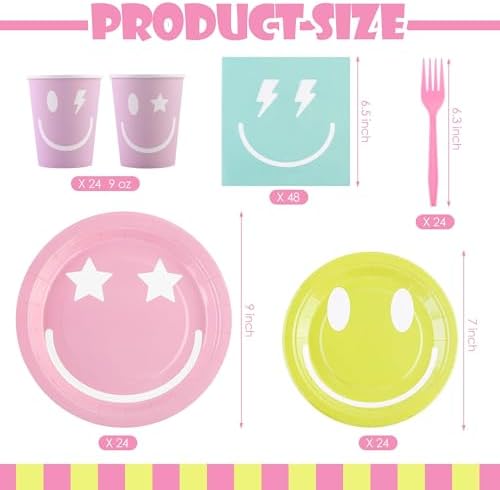 Kochorie 144 Pcs Preppy Smile Party Tableware Supplies, Disposable Paper Plates Napkins Cups Forks Set, Serves 24 Guests for Smile Face Theme Baby Shower Birthday Party Decorations - Image 2