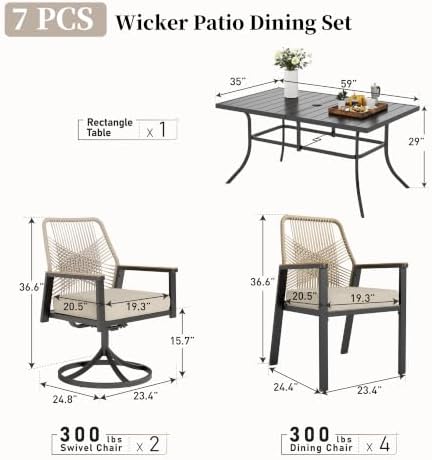 SUNSHINE VALLEY 7pc Patio Dining Set, 59" Metal Table & 6 Rattan Chairs - Image 3