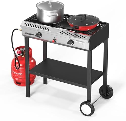 ROVSUN 2 Burner Propane Stove with Auto Ignition, 150,000 BTU Gas Stove with Storage Shelf, Rolling Wheels & Regulator for Home Outdoor Backyard Camping Cooking Frying Brewing Canning by ROVSUN