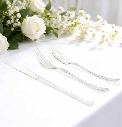 HEIPINIUYE 75 Pack Gold Glitter Plastic Cutlery Heavy Duty Clear Gold Plastic Knives Forks and Spoons Disposable Silverware Set for 25 Guest Birthday Wedding Party Disposable Utensil Set - Image 2