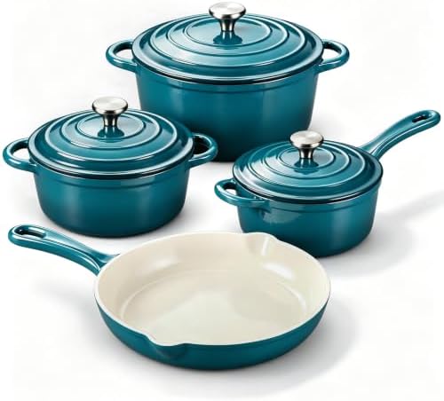QuliMetal Enameled Cast Iron Cookware Set, 4-Piece Pots and Pans Set with Lids, 10.25" Skillet, 2QT Saucepan, 2.8QT & 4.8QT Dutch Ovens, Oven Safe to 500°F, All Stovetops Compatible - Teal by QuliMetal
