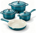 QuliMetal Enameled Cast Iron Cookware Set, 4-Piece Pots and Pans Set with Lids, 10.25" Skillet, 2QT Saucepan, 2.8QT & 4.8QT Dutch Ovens, Oven Safe to 500°F, All Stovetops Compatible - Teal by QuliMetal