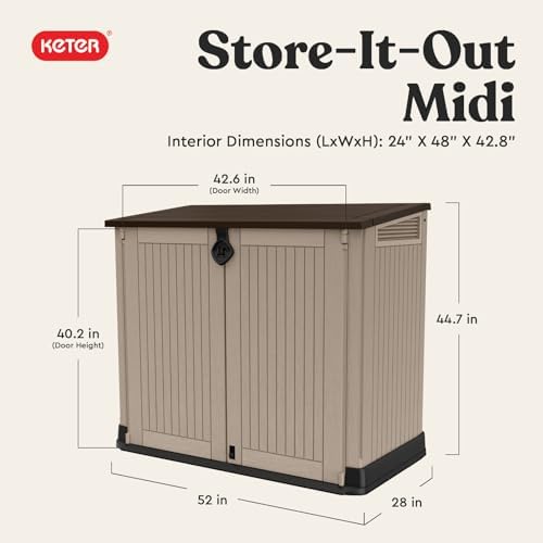 Keter Store-It-Out MIDI Outdoor Resin Storage Shed – Weather-Resistant Horizontal Cabinet for Trash Cans, Garden Tools & Patio Accessories – Lockable, Easy-Lift Lid, 30 Cu. Ft. Capacity, Beige - Image 2