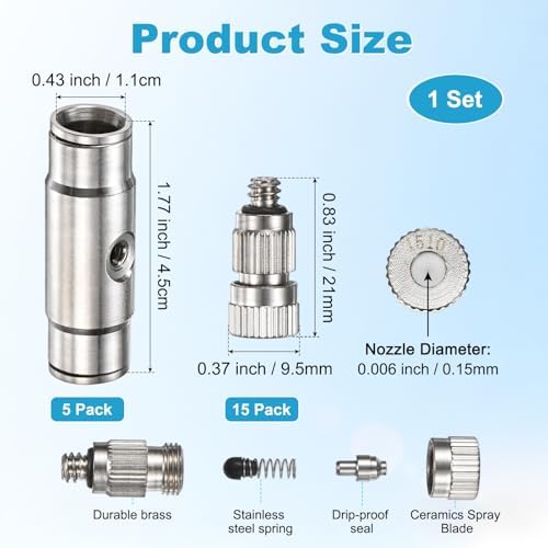 M METERXITY 20-Pack Brass Misting Nozzle Tee Kit, 0.15mm Orifice Dia. High Pressure Spray Misting Nozzle Head, Slip Connectors for 3/8 Inch Drip Irrigation Tubing Kit Outdoor [3/16" Threaded] - Image 3
