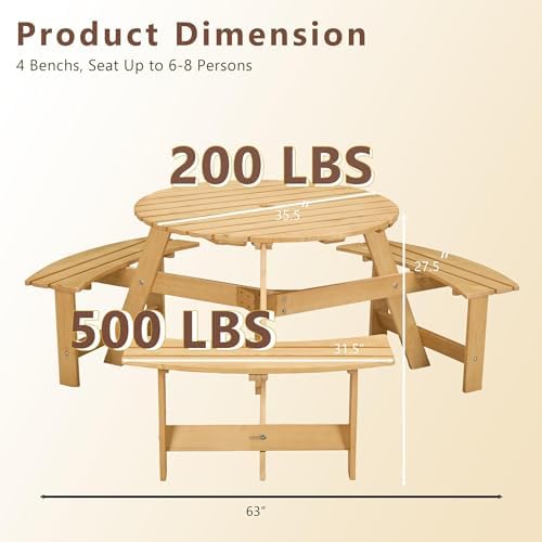6 Person Wooden Picnic Table, Outdoor Round Picnic Table with 4 Built-in Benches, Umbrella Hole, Outside Table and Bench Set for Patio, Backyard, 500lbs Capacity Per Bench (Nature - 6 person) - Image 3