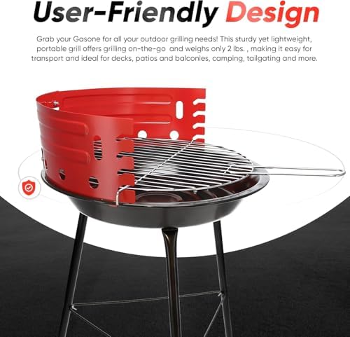 GasOne Charcoal Grill – Barbecue Grill with 4 Levels for Flame Control – Dual Venting System – Portable for Backyard, Camping, Boat, Red - Image 2