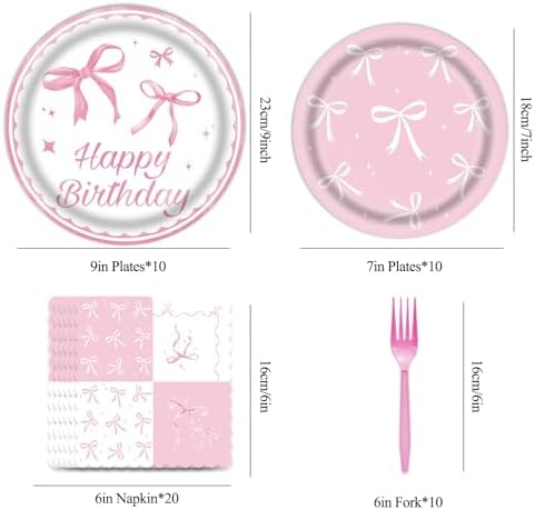 50 Pcs Pink Bow Birthday Decorations Plates, Napkins and Tableware - Image 3