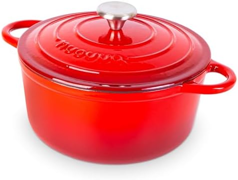 Cast Iron Pot with Lid - Non-Stick Ovenproof Enamelled Casserole Pot, Oven Safe up to 500° F-Sturdy Dutch Oven Cookware-Red, 5-Quart, 24cm-by Nuovva by Nuovva