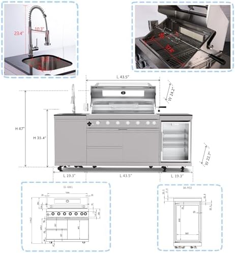 Outdoor Kitchen Island, 82 Inch 6 Burner Propane Gas Grill Combination With Refrigerator and Sink, Outdoor Stainless Steel Barbecue Bar, Propane Grill, 85000 BTU - Image 2