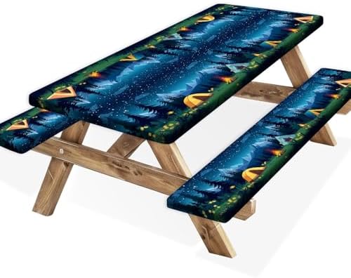 Camping Picnic Table Cover with Bench Covers, Camping Essentials, Forest Campfire Tent Flowers Outdoor Table Covers, Waterproof Windproof, Fitted Tablecloth Cover with Elastic Edge, 3 PCS, 30x60 Inch by Xguatan
