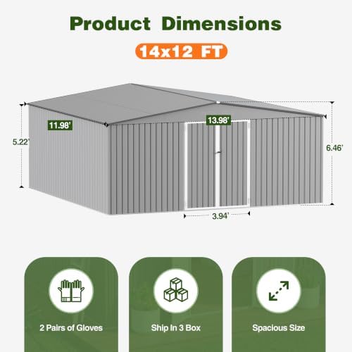 14 x 12 FT Outdoor Storage Shed, Heavy-Duty Galvanized Steel Tool Shed with Reinforced Frame, 2Magnetic Light, Lockable Double Door & Side Vents for Backyard Large Equipment, Gray - Image 2