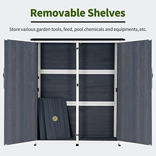 MCombo Outdoor Storage Cabinet with Shelves, Wood Garden Shed with Floor, Outside Tool Shed with 2 Lockable Doors for Backyard Patio Lawn, 1400 (Gray) - Image 5