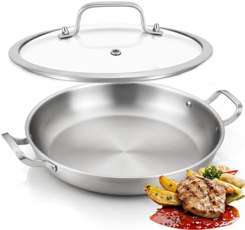 DELARLO 10 Inch Tri-Ply Stainless Steel Paella Pan with Lid, Large Induction Skillet & Jumbo Frying Pan, Heavy Duty Cookware for Paella Parties, Indoor & Outdoor Use by DELARLOCOOKWARE