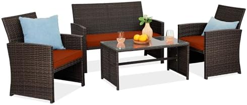 Best Choice Products 4-Piece Outdoor Wicker Patio Conversation Furniture Set for Backyard w/Coffee Table, Seat Cushions - Brown/Dark Rust by BestChoiceProducts