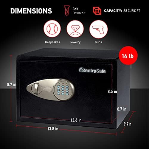 SentrySafe Safe with Digital Keypad Lock, Steel Safe with Interior Lining and Bolt Down Kit for Money, Jewelry, Electronics, 0.58 Cubic Feet, 8.7 x 13.8 x 9.7 Inches, X055 - Image 6