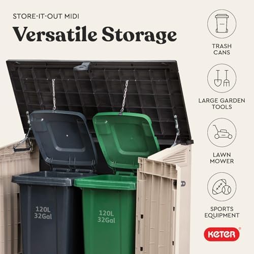 Keter Store-It-Out MIDI Outdoor Resin Storage Shed – Weather-Resistant Horizontal Cabinet for Trash Cans, Garden Tools & Patio Accessories – Lockable, Easy-Lift Lid, 30 Cu. Ft. Capacity, Beige - Image 7