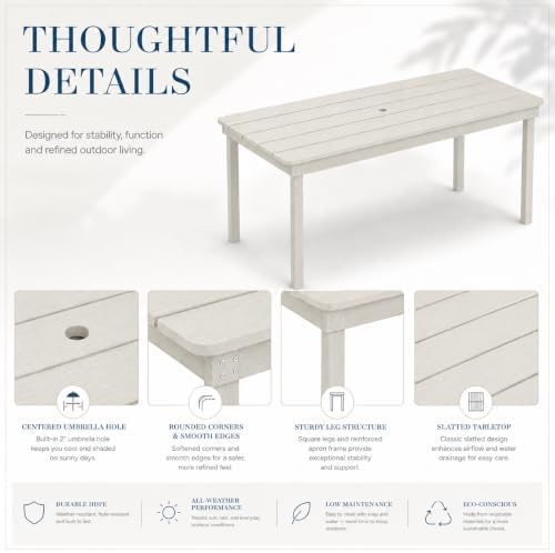 64" Rectangular Outdoor Dining Table, All-Weather HDPE Patio Table for 6-8 Person, Large Composite Wood Furniture with Umbrella Hole for Backyard Deck Garden Poolside, White - Image 7