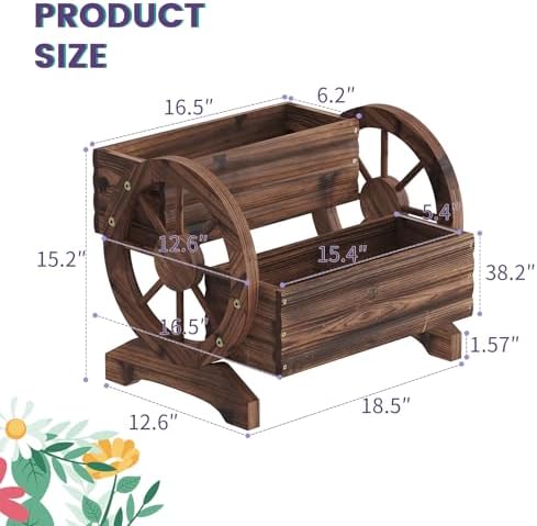 Wooden Wagon Planter Flower Cart Farm Stand Garden Decor Planter for Outdoor Patio Balcony Decoration,Rustic Farmhouse Wishing Well Decor Succulent Planter Indoor Backyard (Carbonized) - Image 7