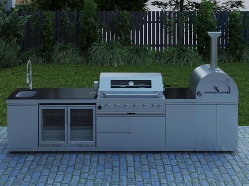 147" Outdoor Kitchen Island,Propane BBQ Grill with Pizza Oven,Rotisserie,Double Door Refrigerator,Storage Cabinets,Granite Countertop & Drawers,120,000 BTU,Stainless Steel Material. - Image 3