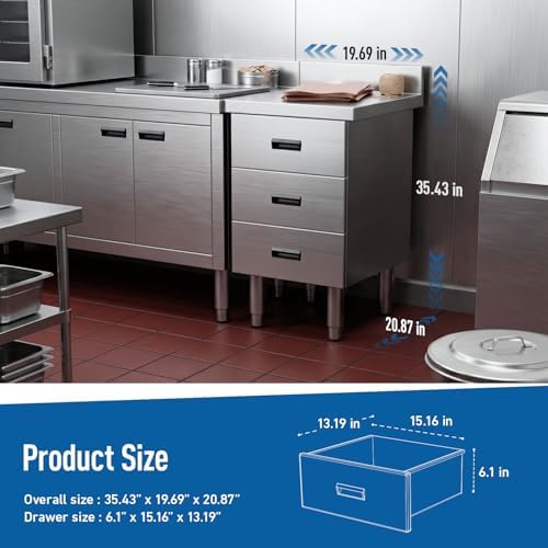 Stainless Steel Kitchen Drawer Cabinet,19.69 x 21.87 x 35.43 in Outdoor Kitchen Storage Cabinet with 3 Deep Drawers Freestanding Commercial Kitchen Cabinet for BBQ Island Indoor Outdoor - Image 2
