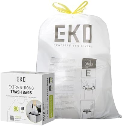 EKO Easy-Dispense Roll 80 Count Extra-Strong Drawstring Tall Kitchen Trash Bag, 8-9.5 Gallon Trash Bag (30.3L-36L) 1 Pack White, Code E by EKO