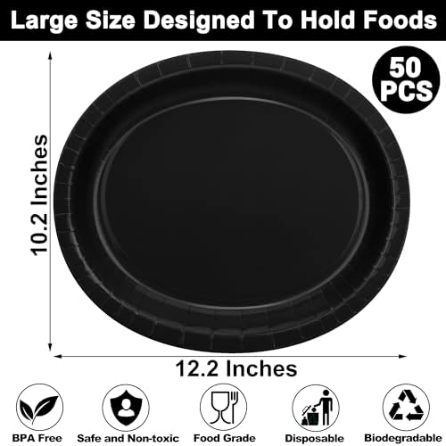 50 Pcs Black Oval Plates Black Paper Plates Disposable Tableware for Party - Image 2
