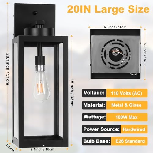 20" Black Dusk to Dawn Outdoor Wall Lantern with Closed Bottom, Coach Light - Image 6
