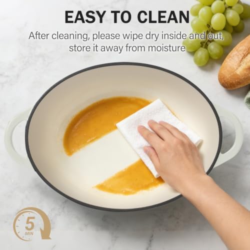 Enameled Dutch Oven Pot with Lid, 7 QT Cast Iron Dutch Oven with Dual Handles, Oval Dutch Oven for Cooking, Bread Baking, Frying, Non-stick Enamel Coated Oven (Caramel White) - Image 4