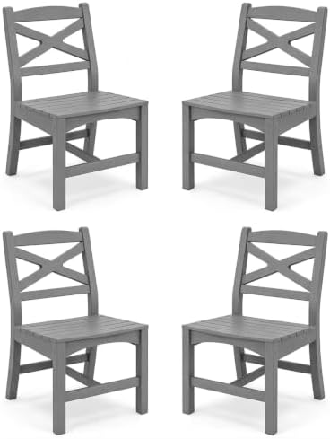 Outdoor Armless Dining Chairs Set of 4,HDPE Patio Chairs with Wide Seat,All-Weather HDPE Patio Armless Chairs for Porch, Backyard, Deck, White and Grey,Table not Included by Polyhouz