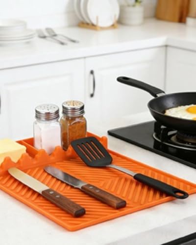 Silicone Griddle Tool Mat for Blackstone, Heat Resistant Side Shelf Mat with Drip Pad – BBQ Grill Accessories for Outdoor Grill, Kitchen Counter, Spatula Holder, Cooking Organizer (1, Orange) - Image 3