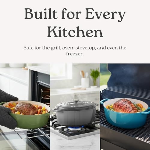 Rossallini Enameled Cast Iron Lidded Oval Dutch Oven, 6.75 Qt, Oyster Grey - Image 7