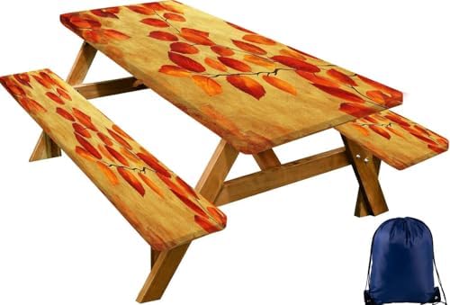 CAPSCEOLL Picnic Table Cover with Bench Covers 6ft - Burnt Orange Leaves by CAPSCEOLL