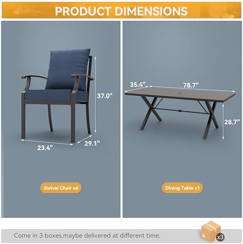 ALAULM 7-Piece Patio Dining Table and Chairs Outdoor Dining Set for 6 Patio Dining Sets with Rectangular Metal Table with Umbrella Hole for Patio, Backyard, Garden-DarkBlue - Image 5