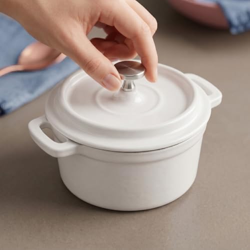 Flavehc Mini Cocotte 16 oz Mini Dutch Oven 0.5 qt. Cast Iron Garlic Roaster for Oven Garlic Confit Pot Ramekins with Lids Oven Safe Set of 2, White - Image 2