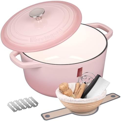 VORRINGARD Enameled Cast Iron Dutch Oven Pot with Lid, for Bread Baking, Round Bread Oven- include Sourdough Bread Baking Supplies set, 4.5QT, Pink by Unknown