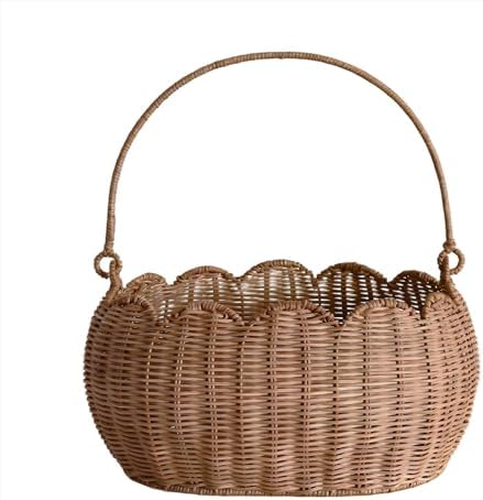 Scalloped Round Basket with Handle, Large Wicker Picnic Basket,Super Garden Harvest Basket for Gathering Vegetables Flowers Fruits, Hand Woven Basket for Shelves(Rattan(12.6 * 9 * 6.1)) by Unknown