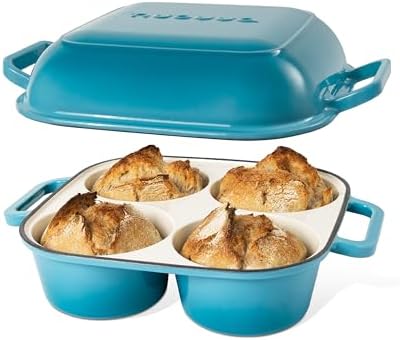 QuadPro Enamelled Cast Iron Bread Loaf Pot – Dutch Oven for Sourdough Bread Baking – 500°F Oven Safe Non Stick Bread Pot – 4 Round Loaf Spaces (4.90-inch Diameter), Light Blue – by Nuovva by Nuovva