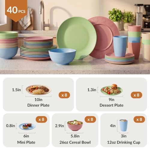 Homienly Kitchen Plates and Bowls Set 40 PCS Microwave and Dishwasher Safe Wheat Straw Dinnerware Sets Dish Sets for 8 Kitchen Plate Set for Camping, RV, Party, Apartment, Picnic, Kids-Multilight - Image 2