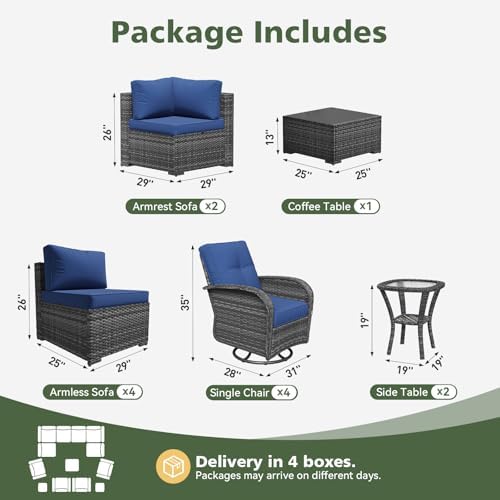 Aoxun 13 Piece Outdoor Patio Furniture Set with Coffee Table, Wicker Rattan Outdoor Furniture with High Back Swivel Rocker Chairs, Outdoor Conversation Set with Thick Cushion & Side Table, Navy Blue - Image 2