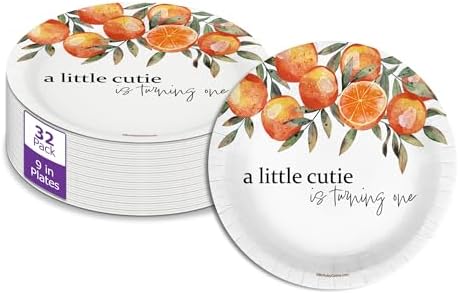 Little Cutie First Birthday - 32 Piece Disposable Party Supplies - Decorations for Orange 1st Birthday Round Party Plates - Large 9" Paper Plates In Bulk by BirthdayGalore
